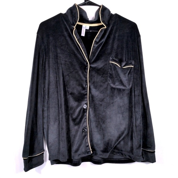 Joyspun Womens Black Velour Button Down Pajama Top Gold Piping Size M - Picture 2 of 6